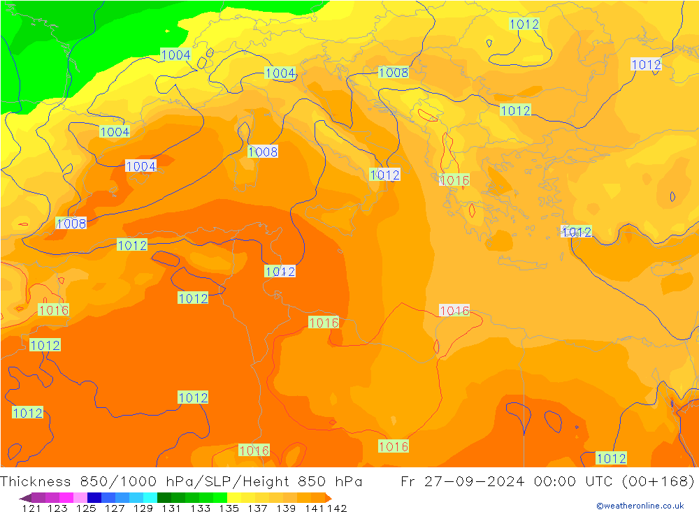 Thck 850-1000 гПа GFS пт 27.09.2024 00 UTC