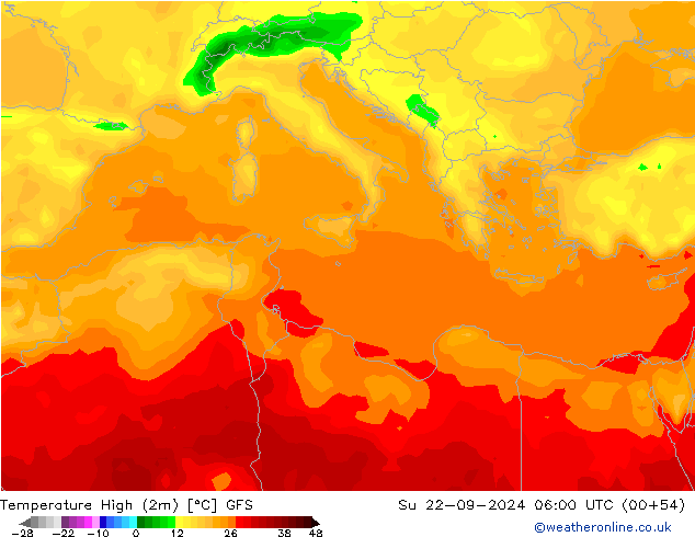 température 2m max GFS dim 22.09.2024 06 UTC