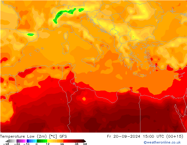 temperatura mín. (2m) GFS Sex 20.09.2024 15 UTC