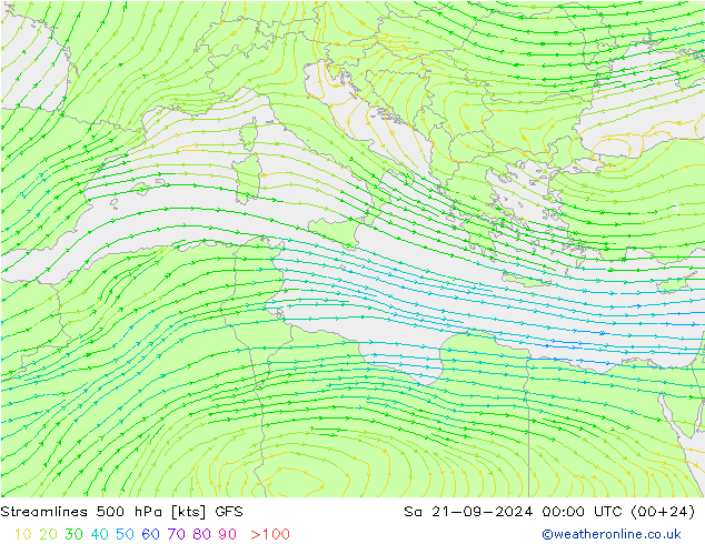 Linia prądu 500 hPa GFS so. 21.09.2024 00 UTC