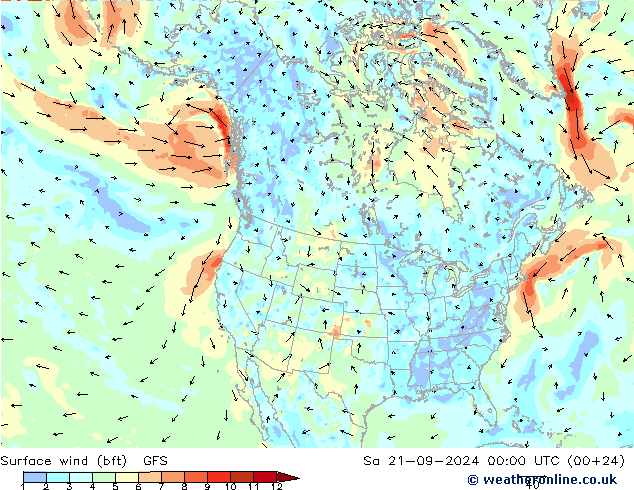 Vent 10 m (bft) GFS sam 21.09.2024 00 UTC