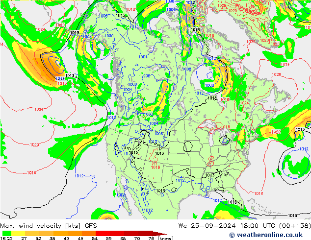 Max. wind velocity GFS mer 25.09.2024 18 UTC