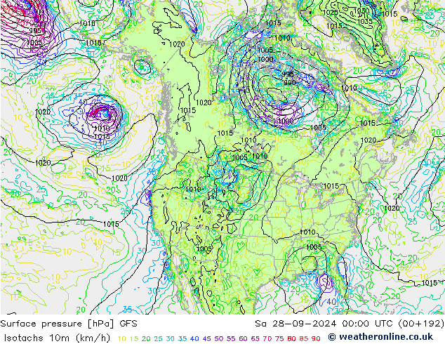 Isotachs (kph) GFS Sáb 28.09.2024 00 UTC