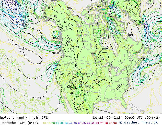 Isotachs (mph) GFS Вс 22.09.2024 00 UTC