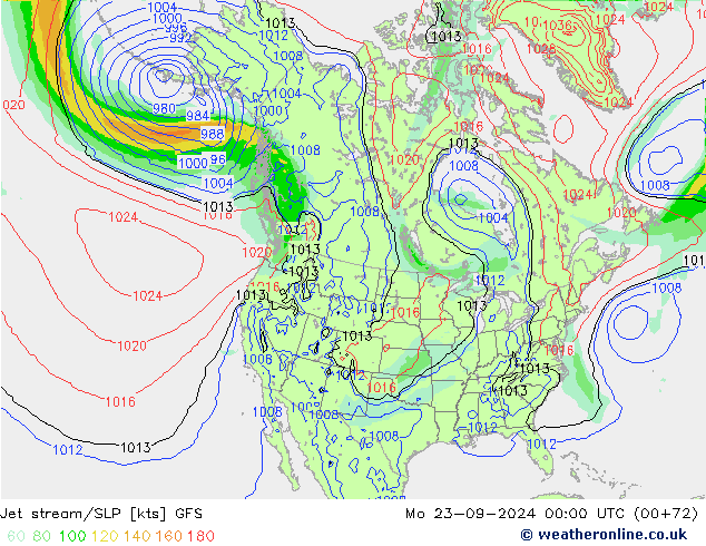 Jet stream/SLP GFS Mo 23.09.2024 00 UTC