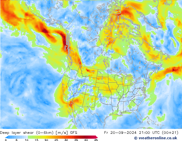 Deep layer shear (0-6km) GFS Fr 20.09.2024 21 UTC