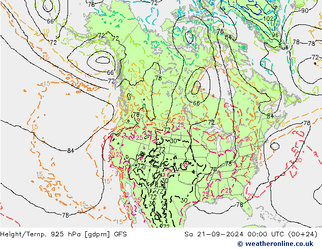 Height/Temp. 925 hPa GFS sab 21.09.2024 00 UTC