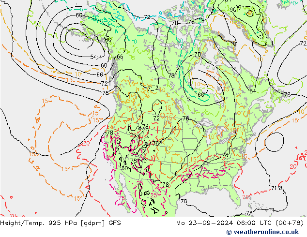 Height/Temp. 925 hPa GFS Mo 23.09.2024 06 UTC