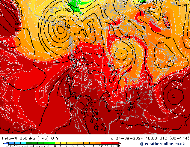 Theta-W 850hPa GFS  24.09.2024 18 UTC