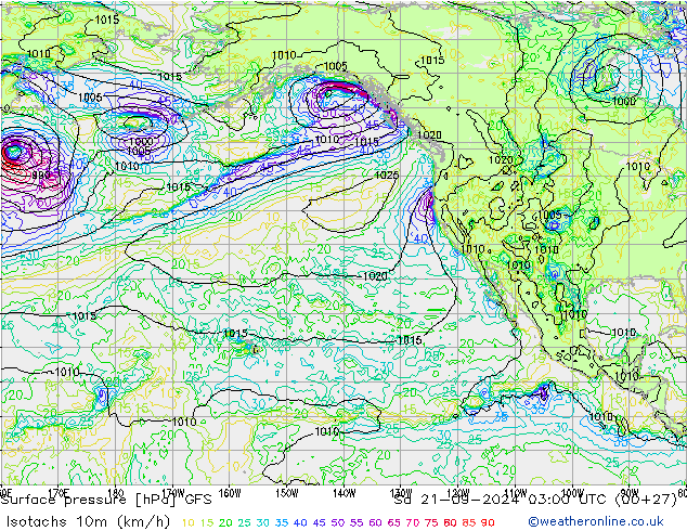 Isotachs (kph) GFS  21.09.2024 03 UTC