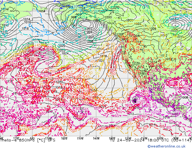 Theta-e 850hPa GFS di 24.09.2024 18 UTC