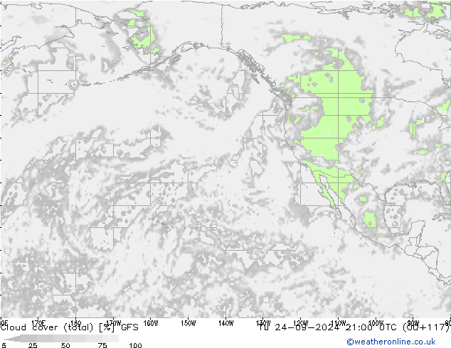 Cloud cover (total) GFS Tu 24.09.2024 21 UTC