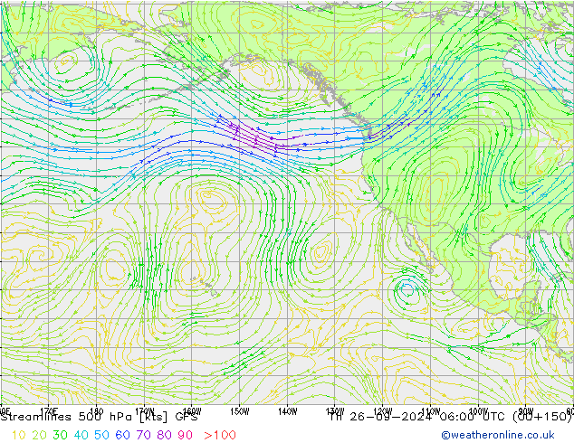 Linia prądu 500 hPa GFS czw. 26.09.2024 06 UTC