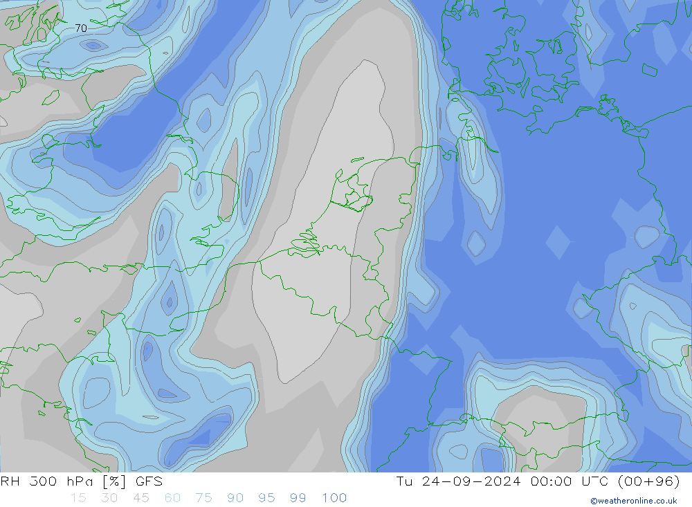 RH 300 hPa GFS Út 24.09.2024 00 UTC