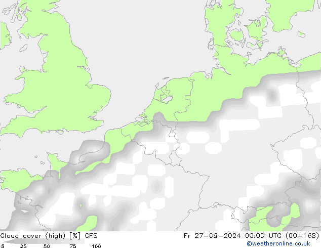 Bewolking (Hoog) GFS vr 27.09.2024 00 UTC