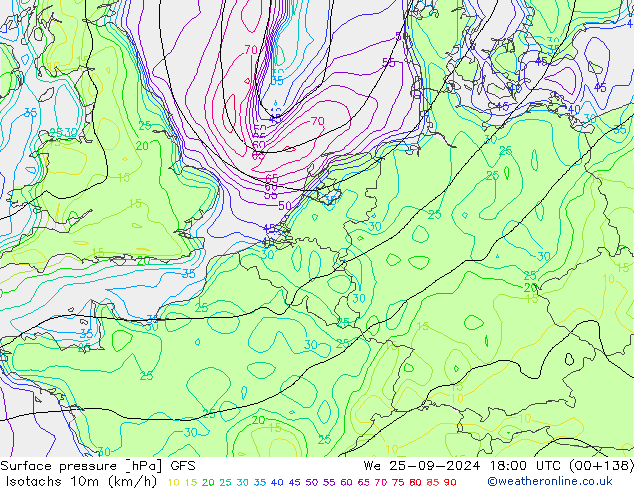 Isotachen (km/h) GFS Mi 25.09.2024 18 UTC