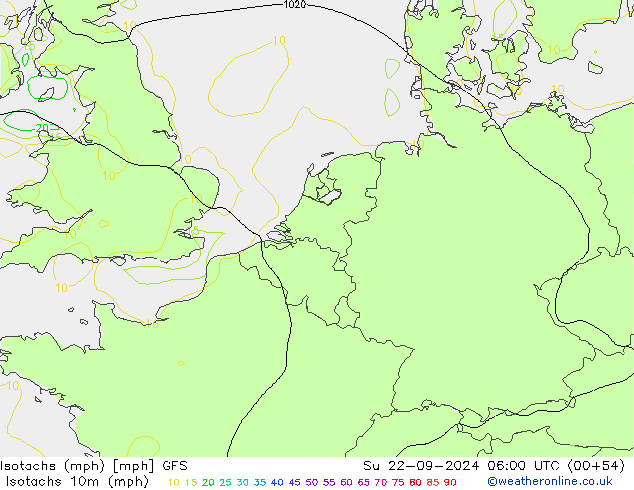 Isotachs (mph) GFS Вс 22.09.2024 06 UTC