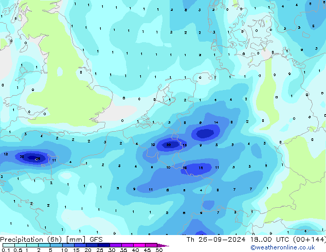 Totale neerslag (6h) GFS do 26.09.2024 00 UTC