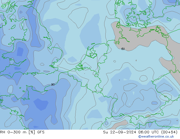 Humedad rel. 0-300m GFS dom 22.09.2024 06 UTC