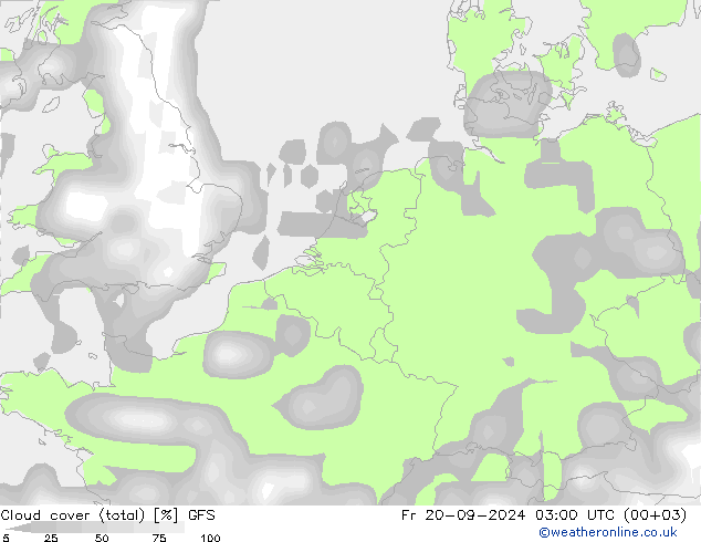 Bewolking (Totaal) GFS vr 20.09.2024 03 UTC