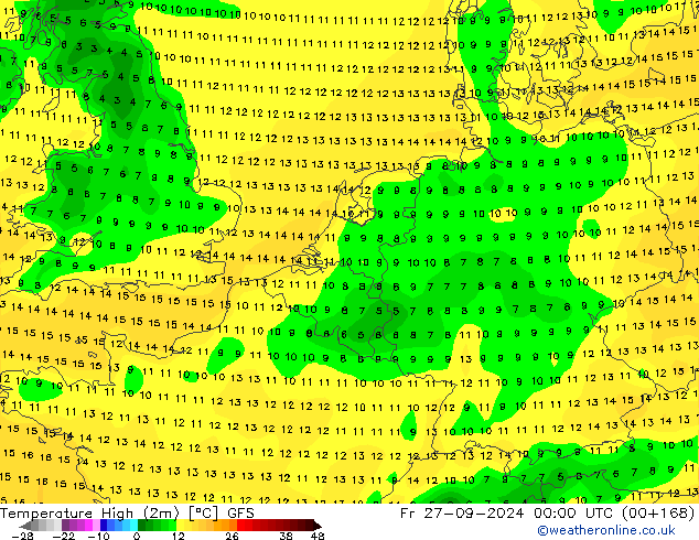 Temperature High (2m) GFS Fr 27.09.2024 00 UTC