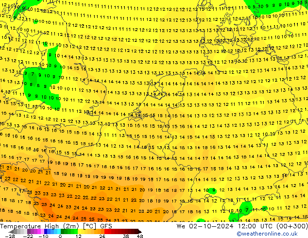 Temperature High (2m) GFS We 02.10.2024 12 UTC