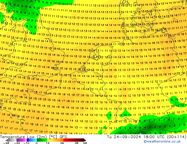 Minumum Değer (2m) GFS Sa 24.09.2024 18 UTC