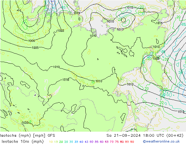 Isotachen (mph) GFS Sa 21.09.2024 18 UTC