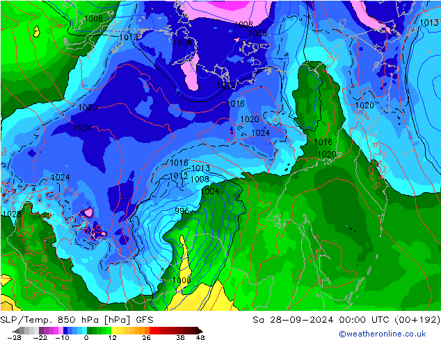 SLP/Temp. 850 hPa GFS Sa 28.09.2024 00 UTC