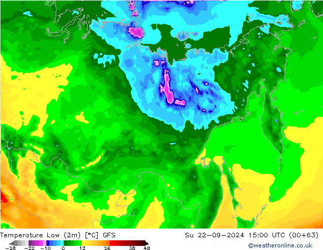 Nejnižší teplota (2m) GFS Ne 22.09.2024 15 UTC