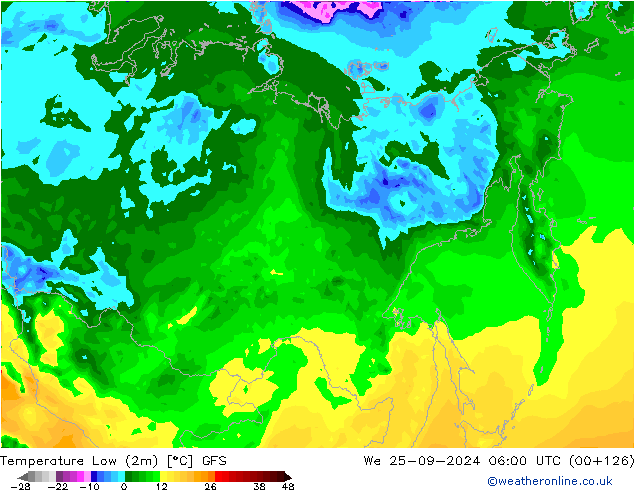 Tiefstwerte (2m) GFS Mi 25.09.2024 06 UTC