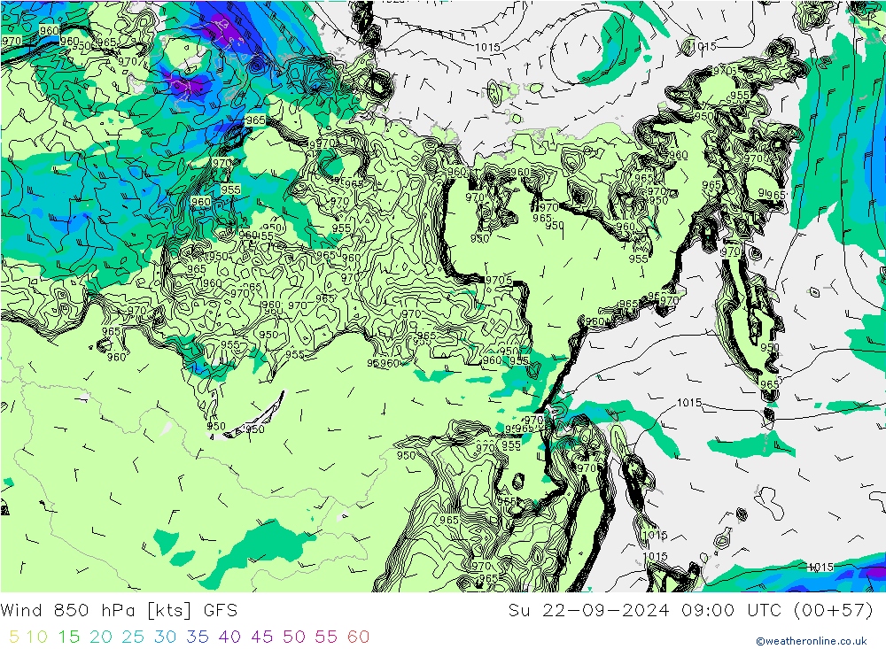 wiatr 850 hPa GFS nie. 22.09.2024 09 UTC