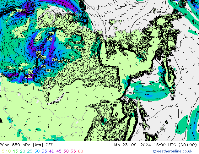 Vent 850 hPa GFS lun 23.09.2024 18 UTC