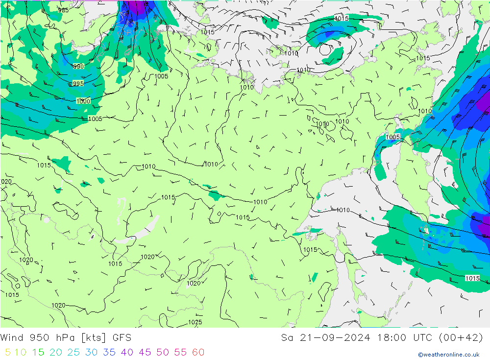 Wind 950 hPa GFS za 21.09.2024 18 UTC