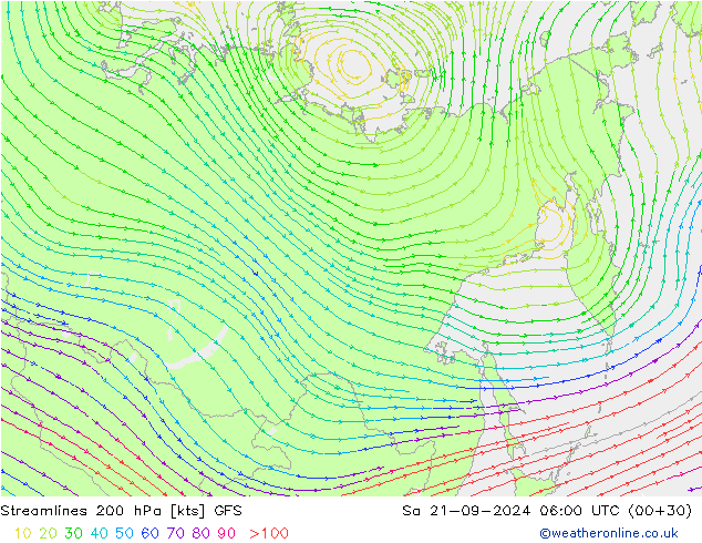 Linea di flusso 200 hPa GFS sab 21.09.2024 06 UTC