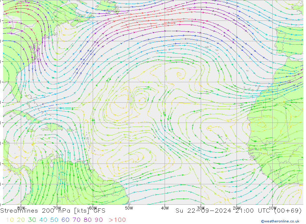 Stromlinien 200 hPa GFS So 22.09.2024 21 UTC