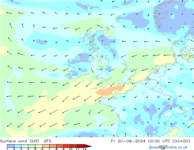 Surface wind (bft) GFS Pá 20.09.2024 00 UTC