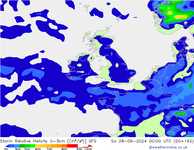 Storm Relative Helicity GFS Sa 28.09.2024 00 UTC