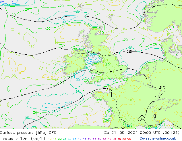 Isotachs (kph) GFS сб 21.09.2024 00 UTC