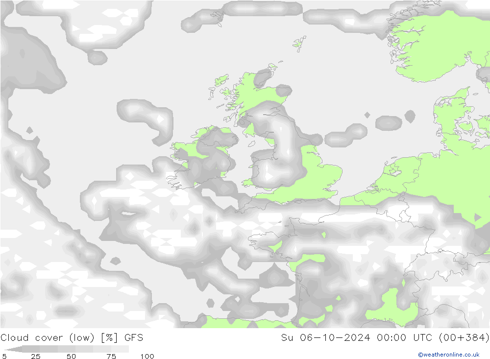 Cloud cover (low) GFS Su 06.10.2024 00 UTC