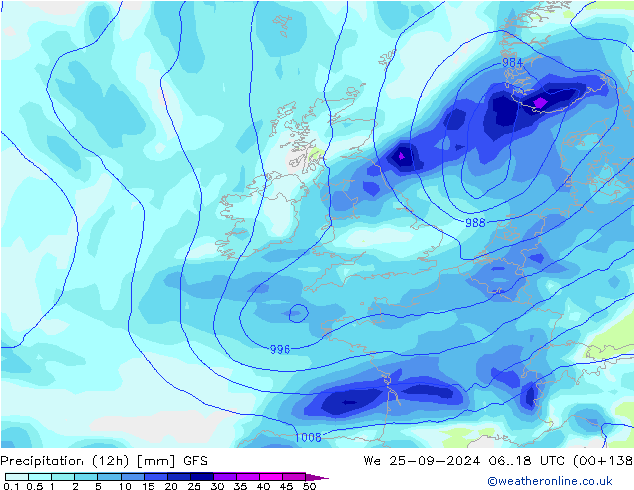 Precipitación (12h) GFS mié 25.09.2024 18 UTC