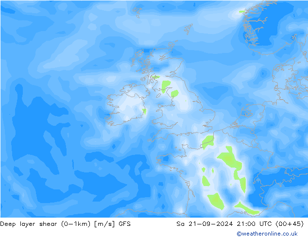 Deep layer shear (0-1km) GFS sab 21.09.2024 21 UTC