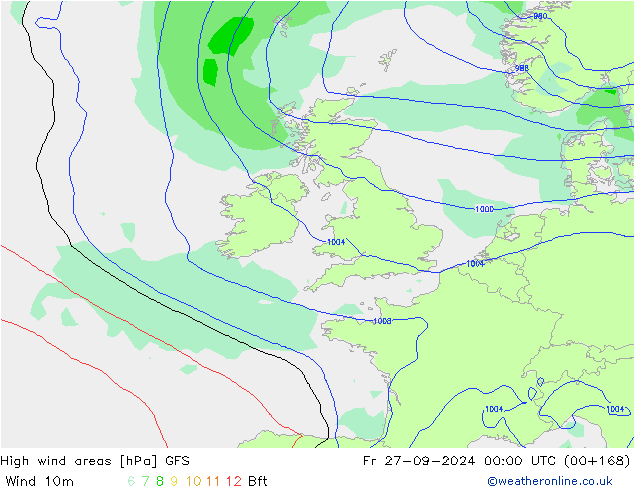 Windvelden GFS vr 27.09.2024 00 UTC