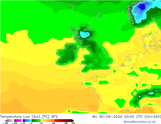 Nejnižší teplota (2m) GFS Po 30.09.2024 00 UTC