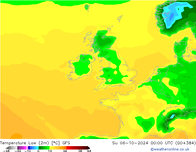 Nejnižší teplota (2m) GFS Ne 06.10.2024 00 UTC