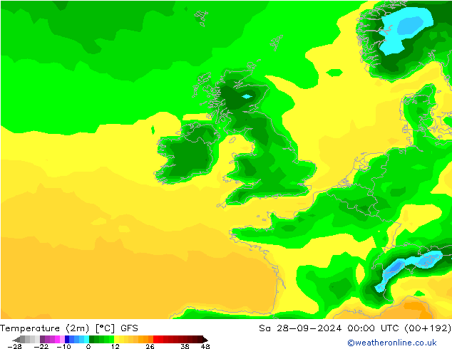 Temperature (2m) GFS Sa 28.09.2024 00 UTC