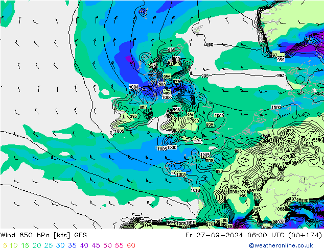 Vent 850 hPa GFS ven 27.09.2024 06 UTC