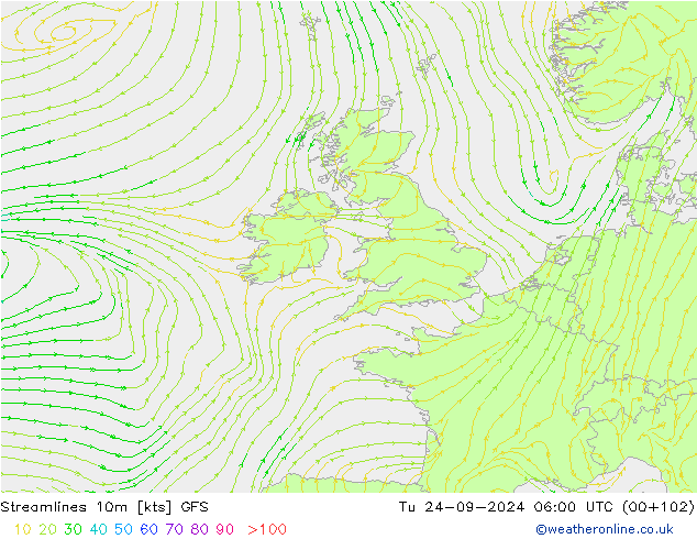 Streamlines 10m GFS Tu 24.09.2024 06 UTC