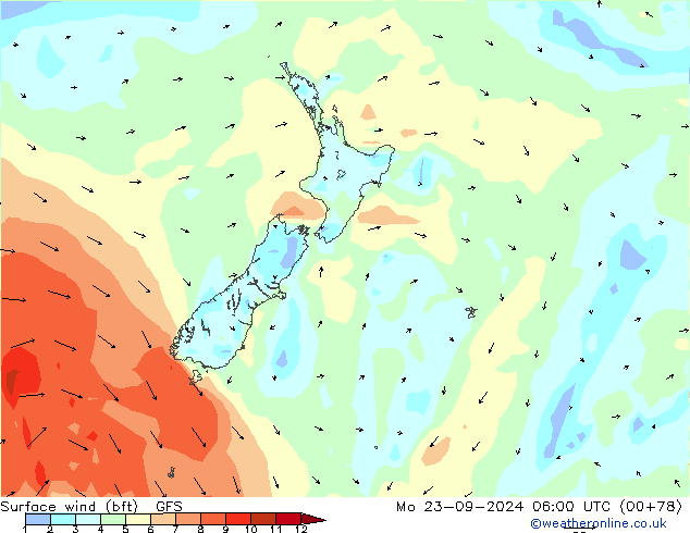 Surface wind (bft) GFS Mo 23.09.2024 06 UTC