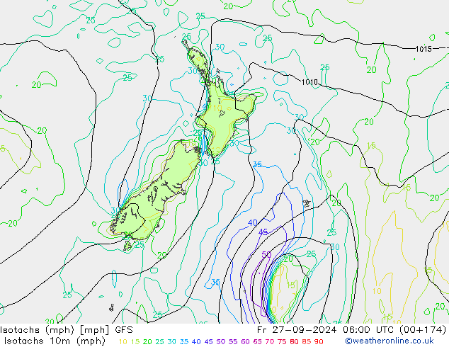 Eşrüzgar Hızları mph GFS Cu 27.09.2024 06 UTC